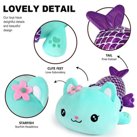 Onsoyours 12-inch mermaid cat pillow for kids provides portable snuggle support.