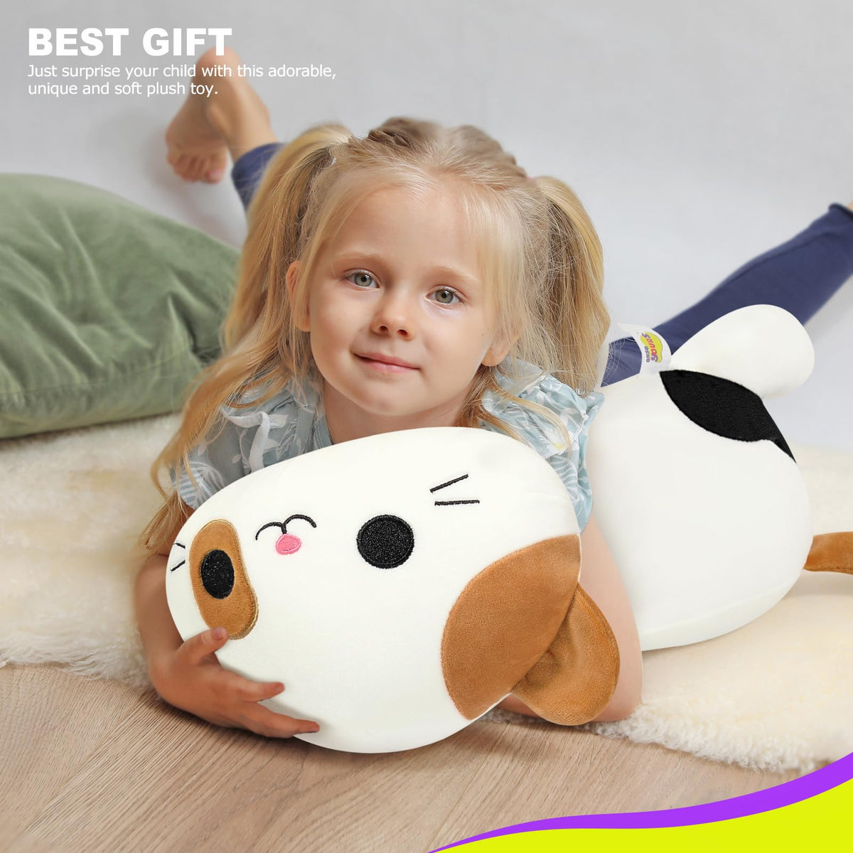 Onsoyours calico cat plush lifestyle pose invites gentle hugs and play