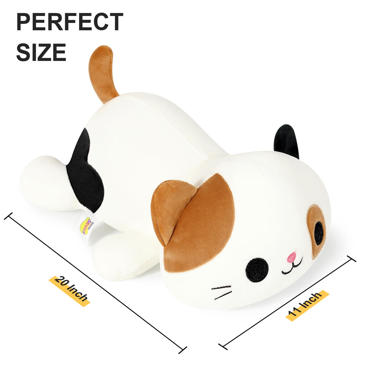 Onsoyours calico cat plush side view highlights smooth fabric and cozy snuggle potential