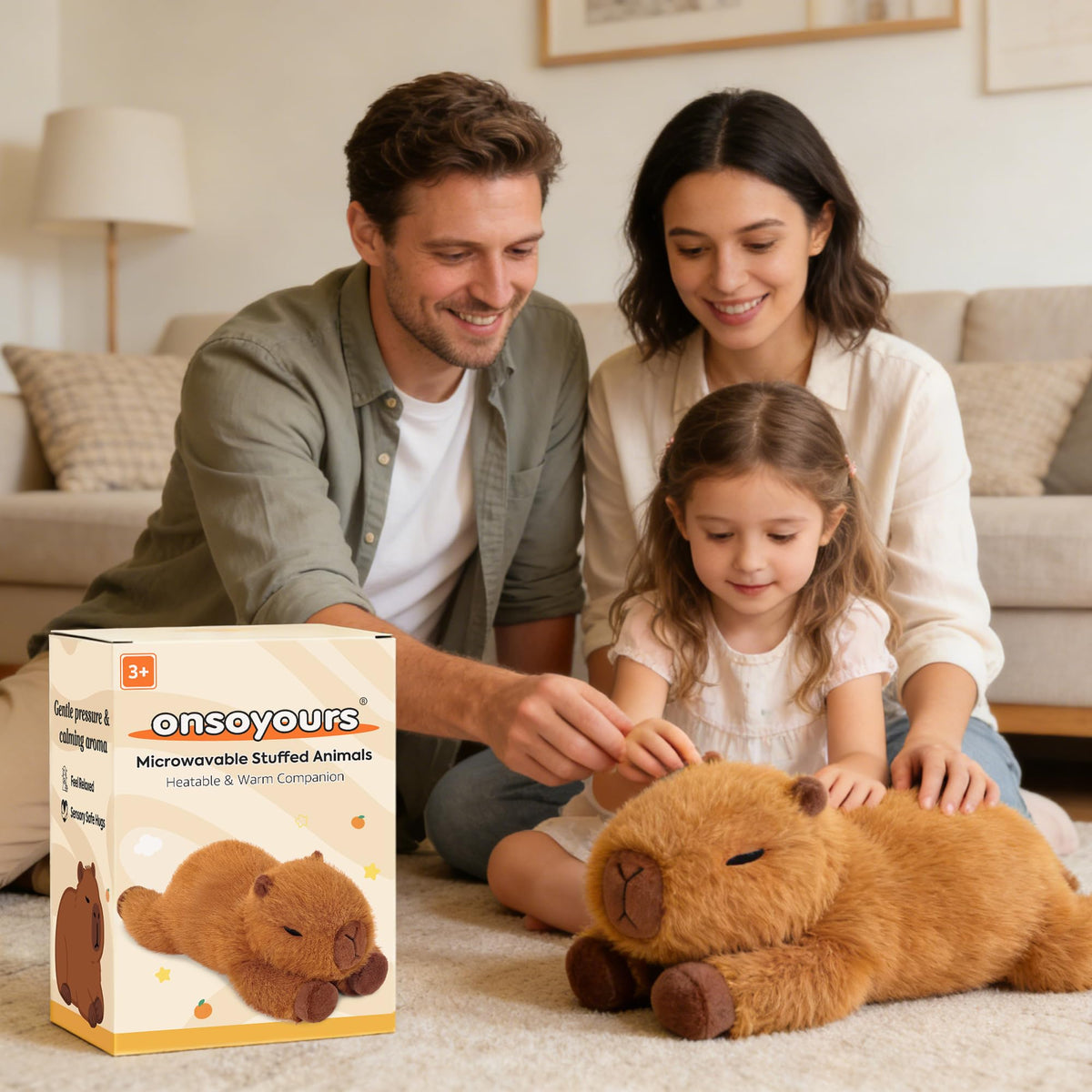 Onsoyours capybara plush can be cooled by freezing the flaxseed packet for relief.