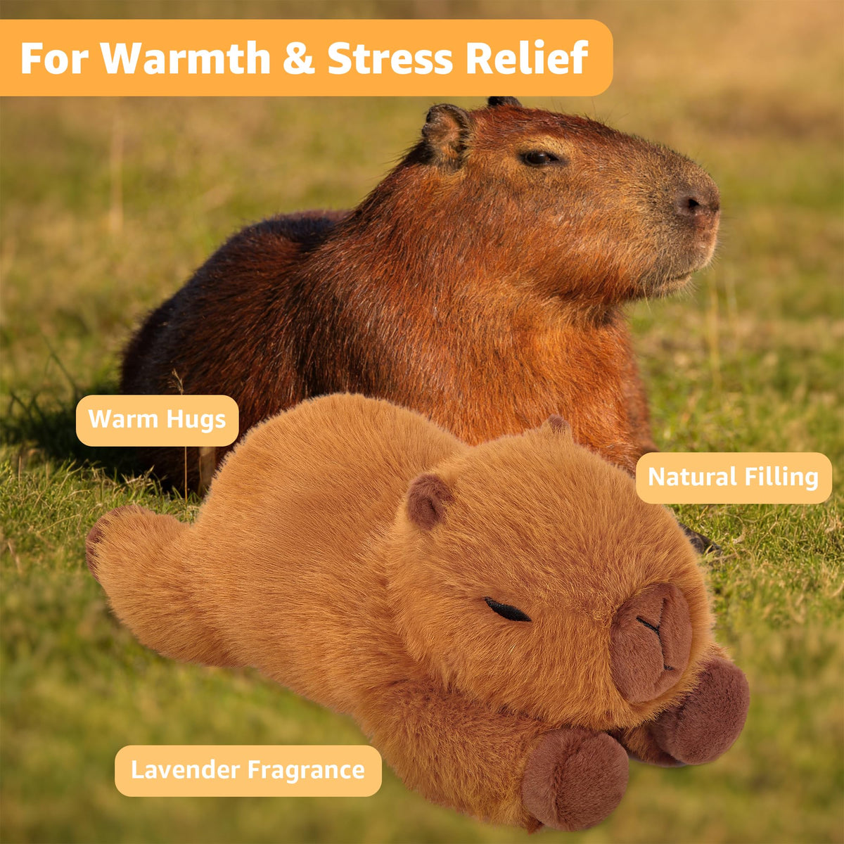 Onsoyours capybara plush featuring lavender scented flaxseed packet inside for soothing aroma.