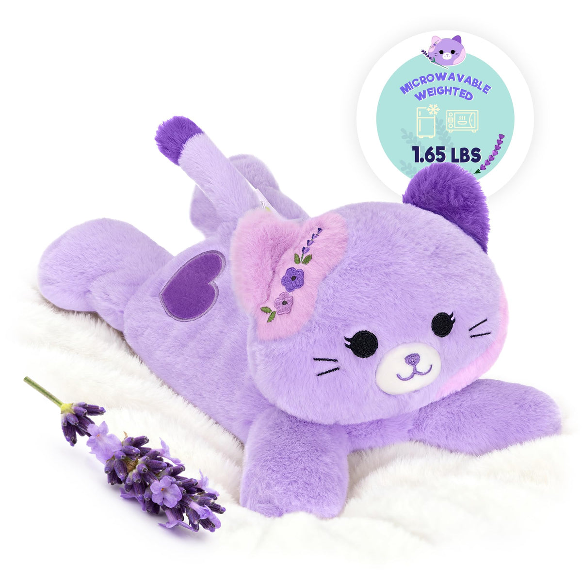 Onsoyours heatable weighted cat plush in purple for comforting warmth