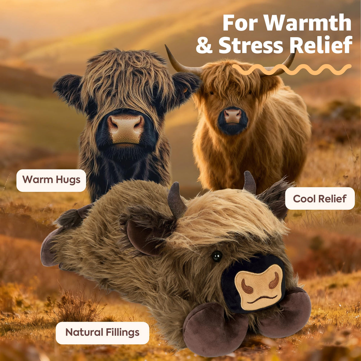 Onsoyours Highland Cow plush flaxseed pocket for heating or cooling