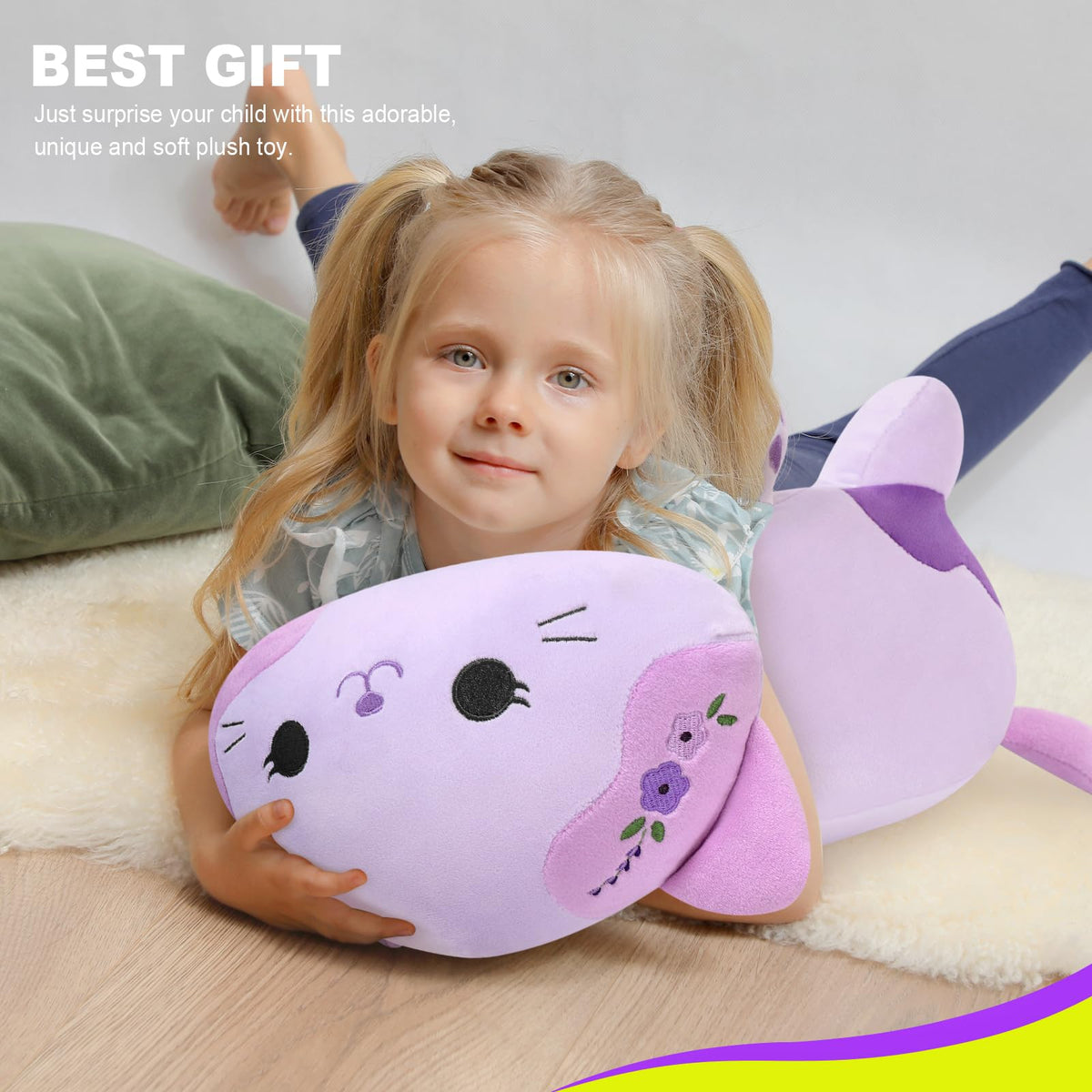 Onsoyours Lavender Cat Plush made from soft, safe materials for all ages.