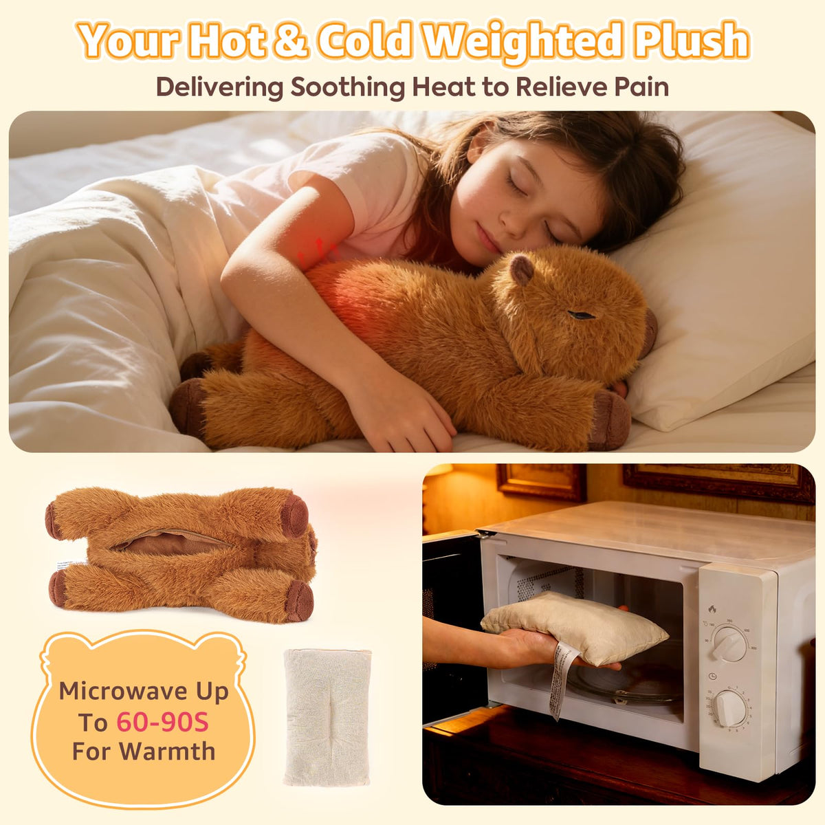 Onsoyours capybara plush used for microwavable heat therapy on neck and shoulders.