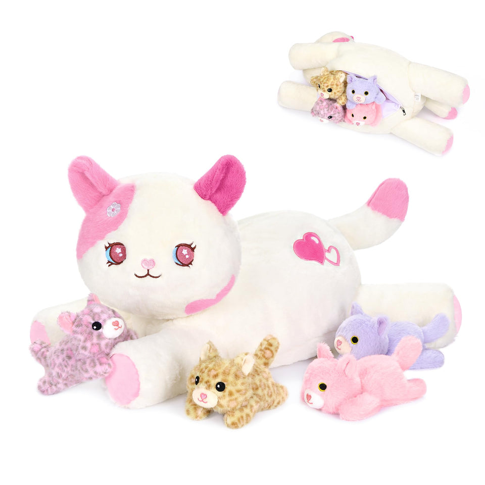 Onsoyours mommy cat plush with unzip belly revealing four kittens for imaginative play