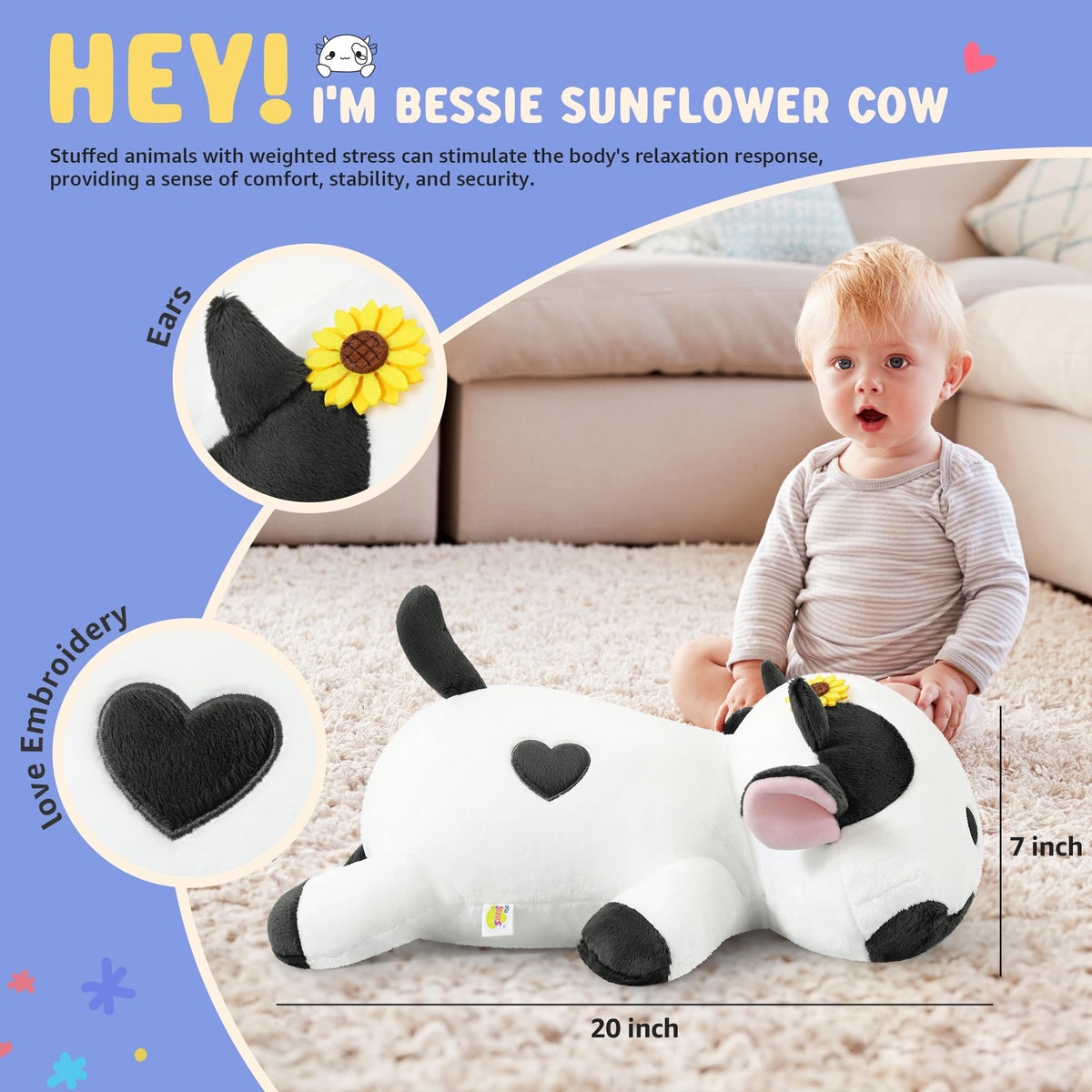 Onsoyours Sunflower Cow plush care shot showing easy surface cleaning instructions
