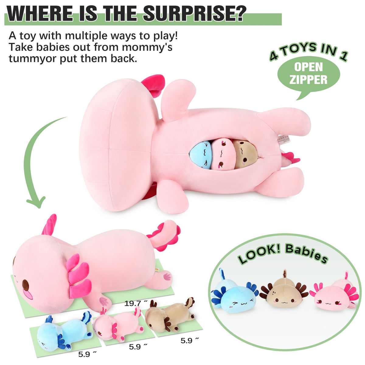 Onsoyours Axolotl Mommy belly opens to reveal three baby plush, a playful surprise