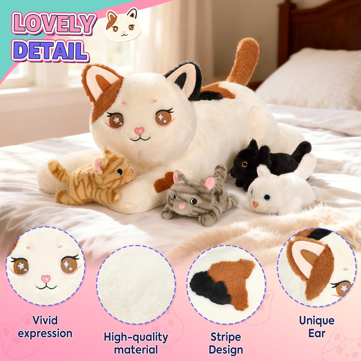 Onsoyours Original cat plush with open belly showing four kittens for interactive cuddles.