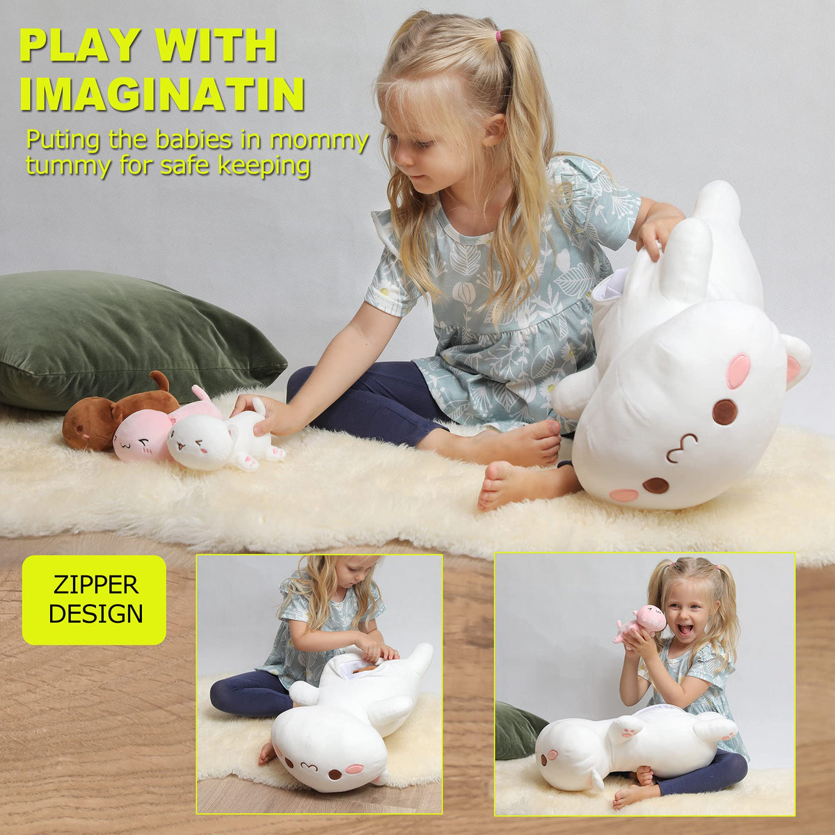Onsoyours plush belly zipper opens to reveal three kittens for curiosity.