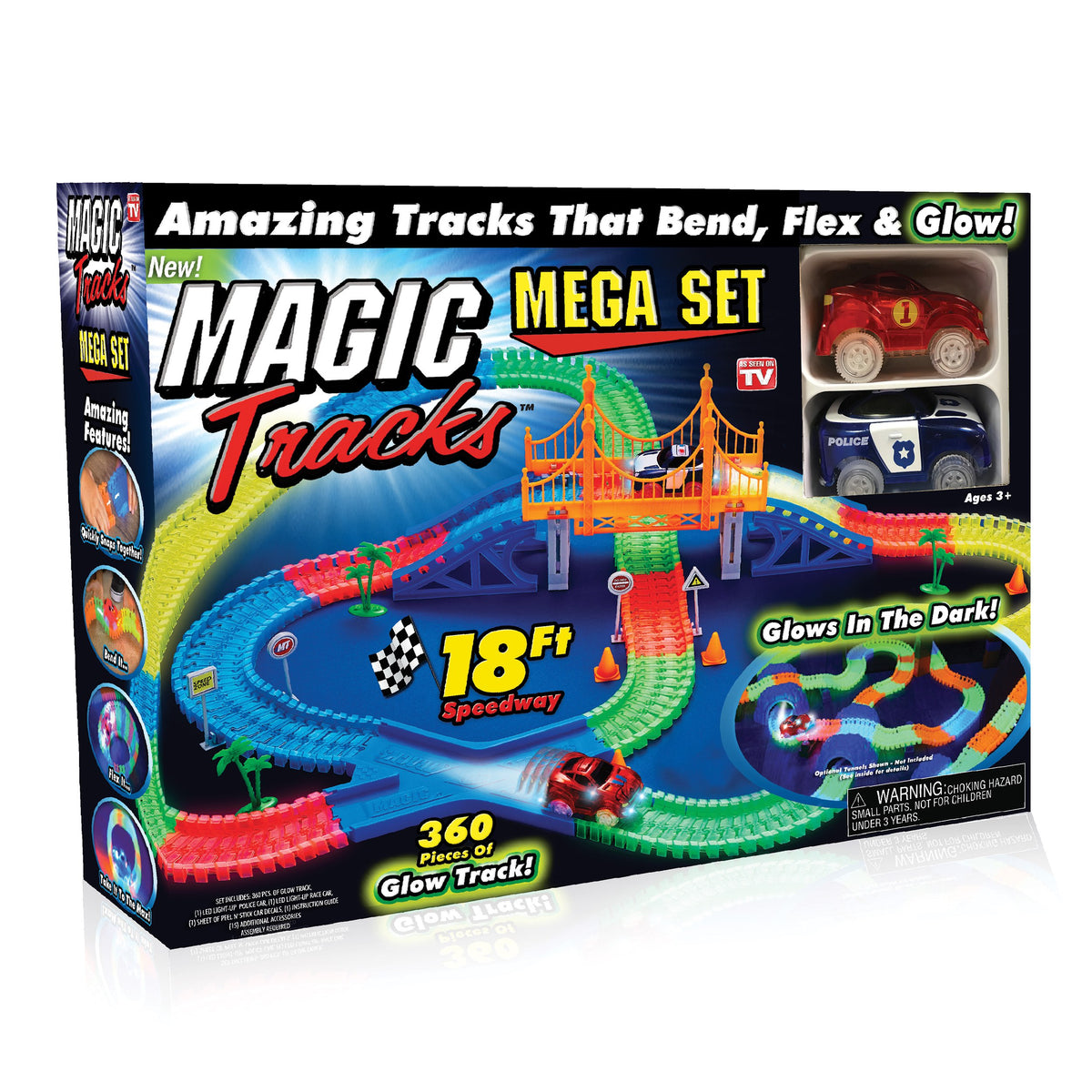 Ontel Magic Tracks Mega Set features two LED cars on a bendable glow track for nighttime racing
