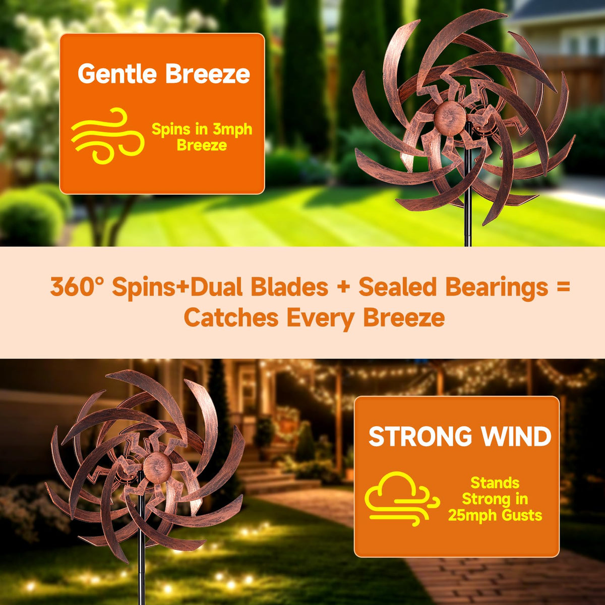 ONWEII wind spinners in 16-inch size fit compact yards and patios.