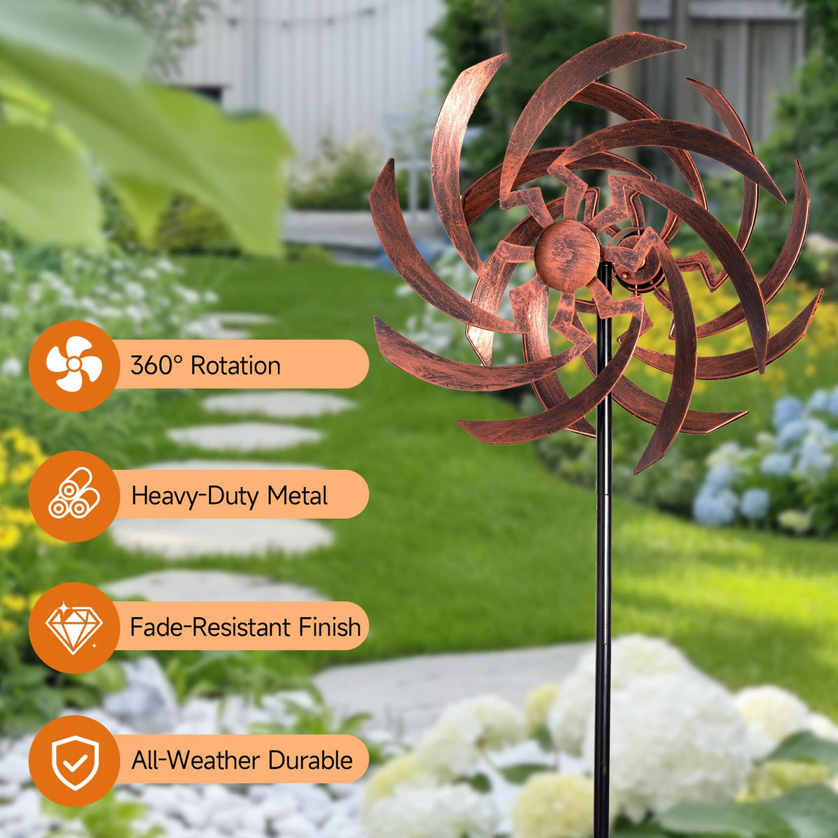 ONWEII wind spinners with dual blades catching breeze for smooth motion.