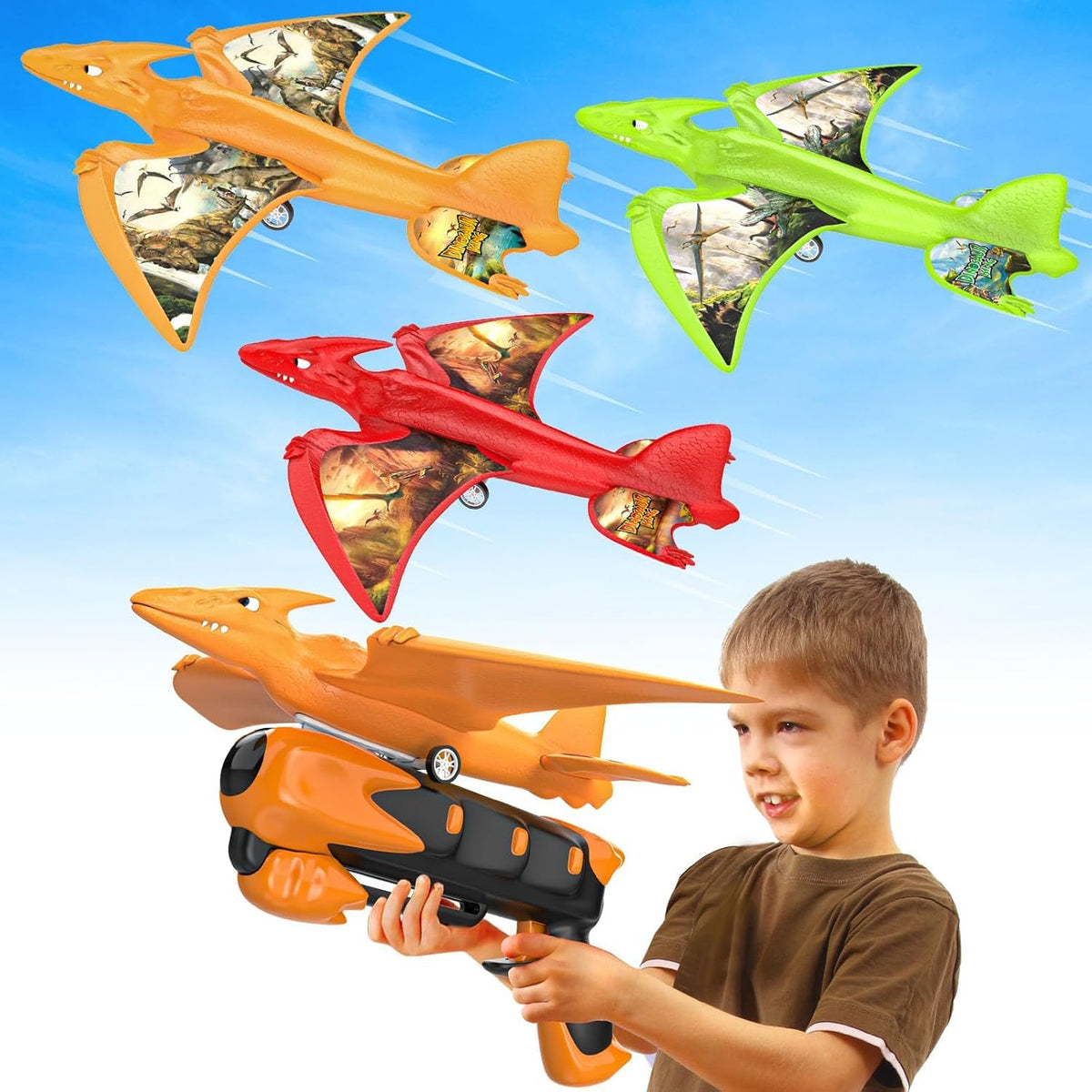 Onysurui dinosaur airplane launcher set with LED glow for outdoor fun