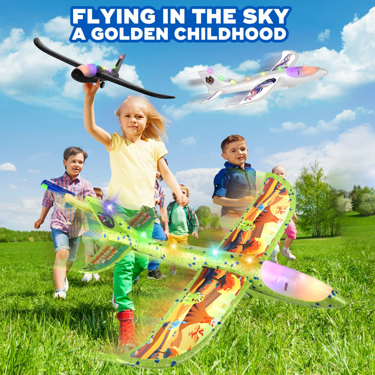 Onysurui LED foam airplanes in flight with bright lights for visibility