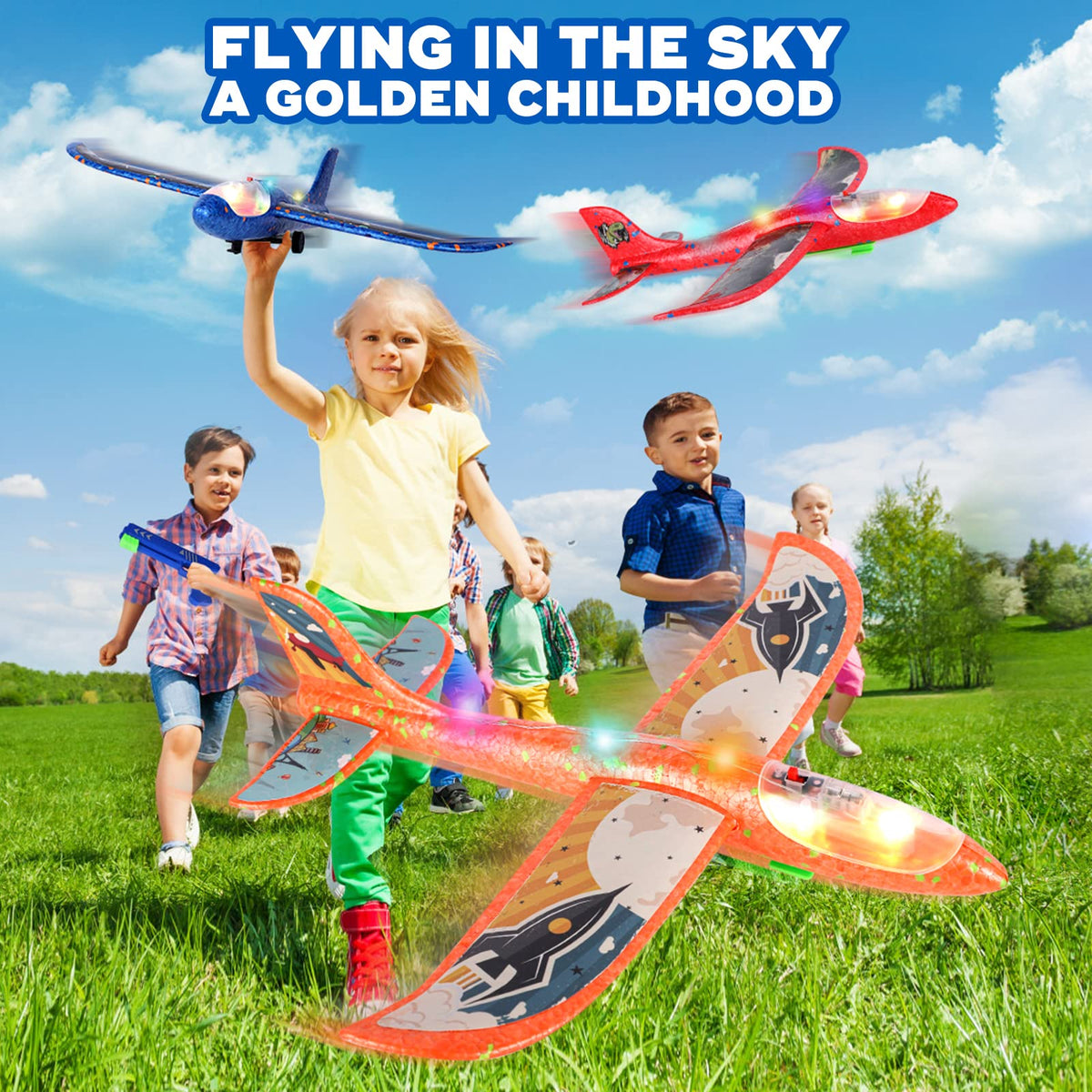 Onysurui LED glow glider plane in mid-air against blue sky