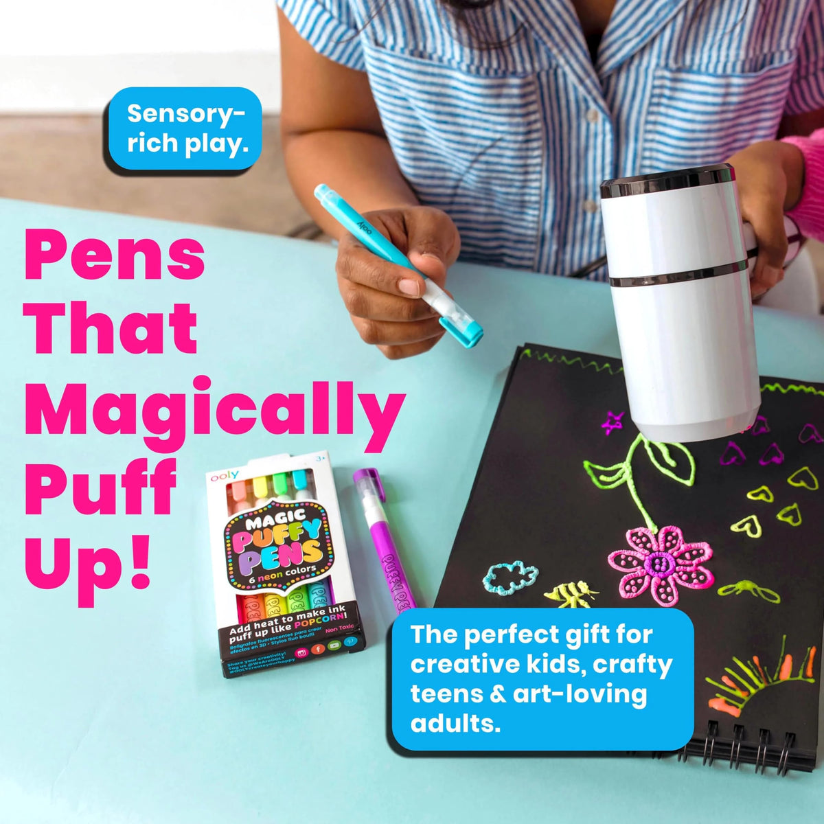 Ooly Puffy Paint Neon Gel Pens green pack for bold neon scribbles and textures.