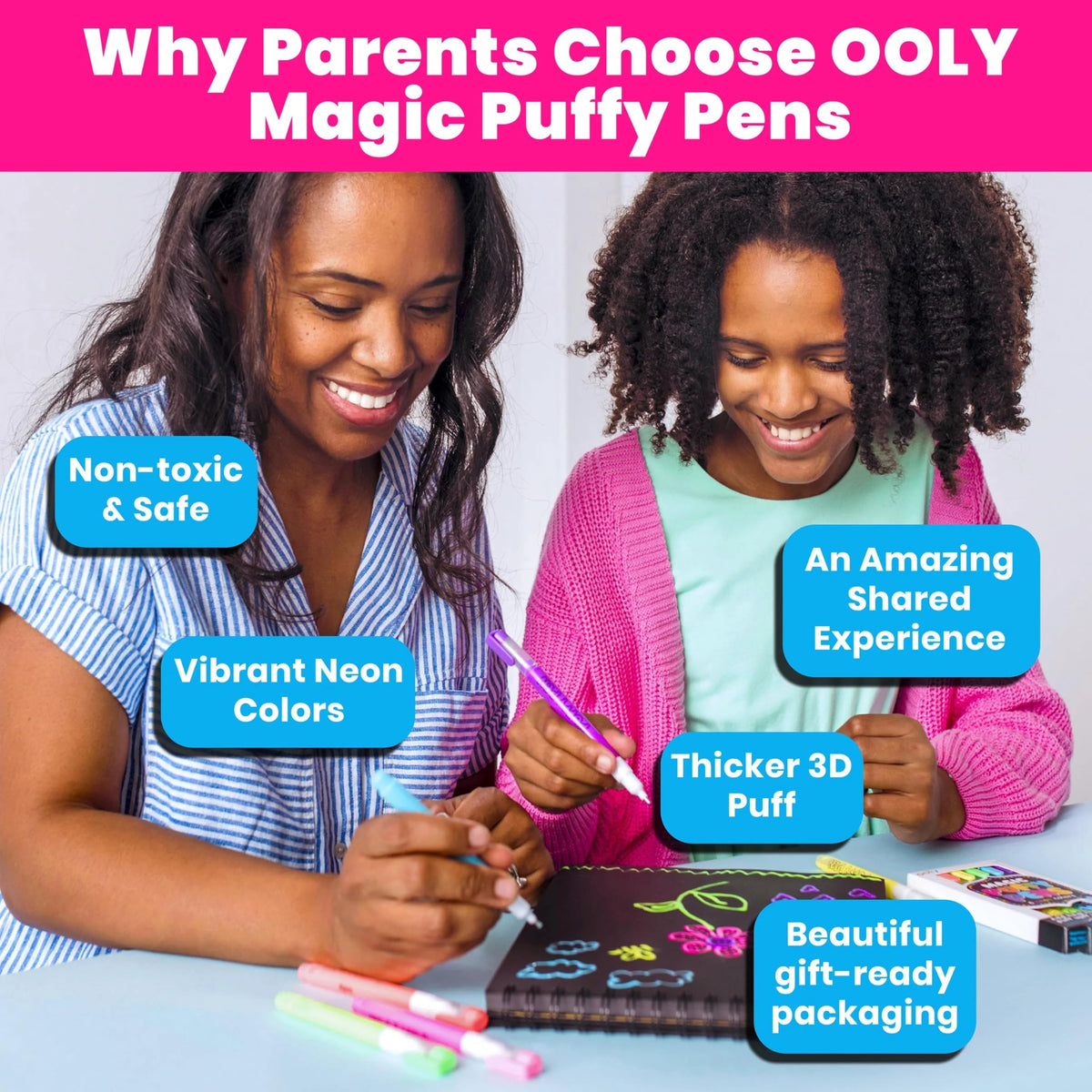 Ooly Puffy Paint Neon Gel Pens pink pack for playful doodles with dimension.