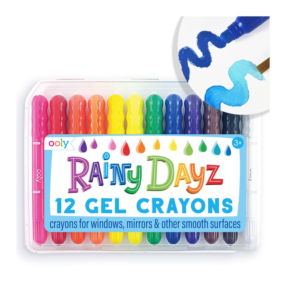 OOLY Rainy Dayz gel crayons in a vibrant tray for glass art.