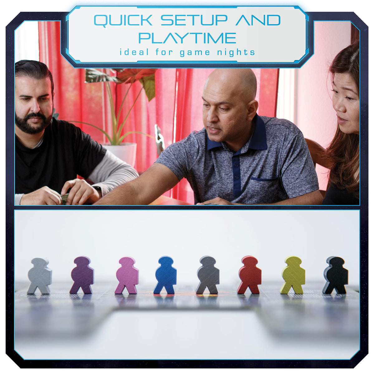 OOMM Games No Escape board game components sparkling during setup and gameplay