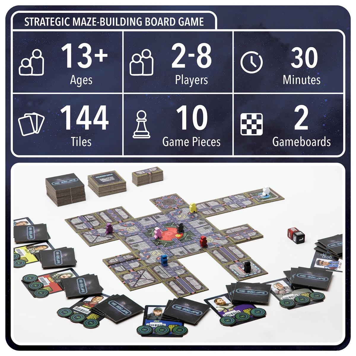 OOMM Games No Escape dice and meeples arranged for tense strategic moves