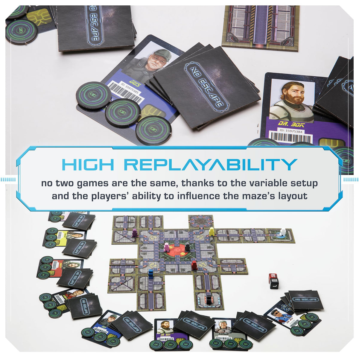 OOMM Games No Escape kit with dynamic tiles in action on tabletop