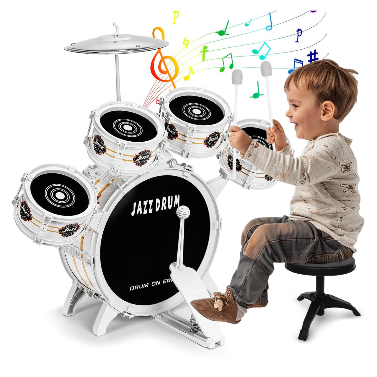 OoneWiser Kids Drum Set with five-piece drums for imaginative rhythm play.