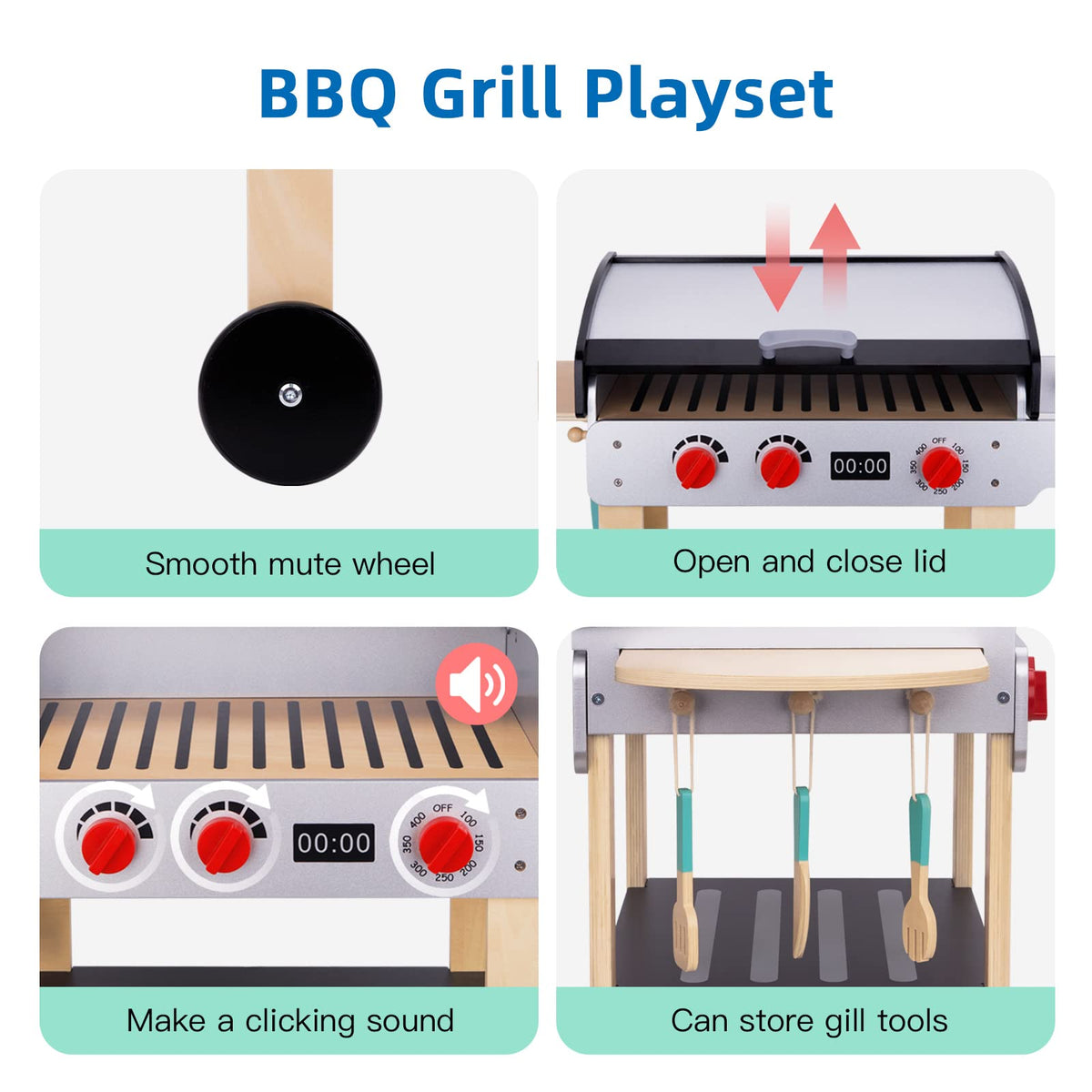 OOOK shelves hold toy foods for quick barbecue assembly.