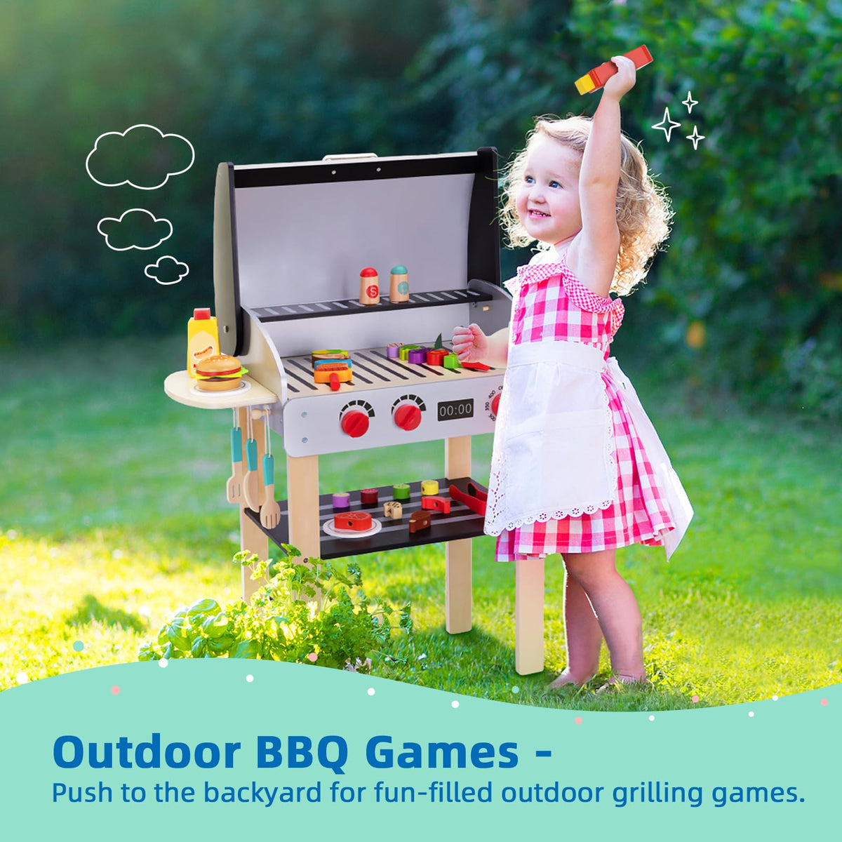 OOOK grill set toy food skewers for easy pretend cooking.