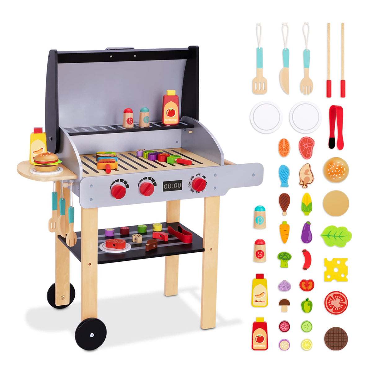 OOOK wooden play barbecue grill set invites imaginative pretend grilling play.