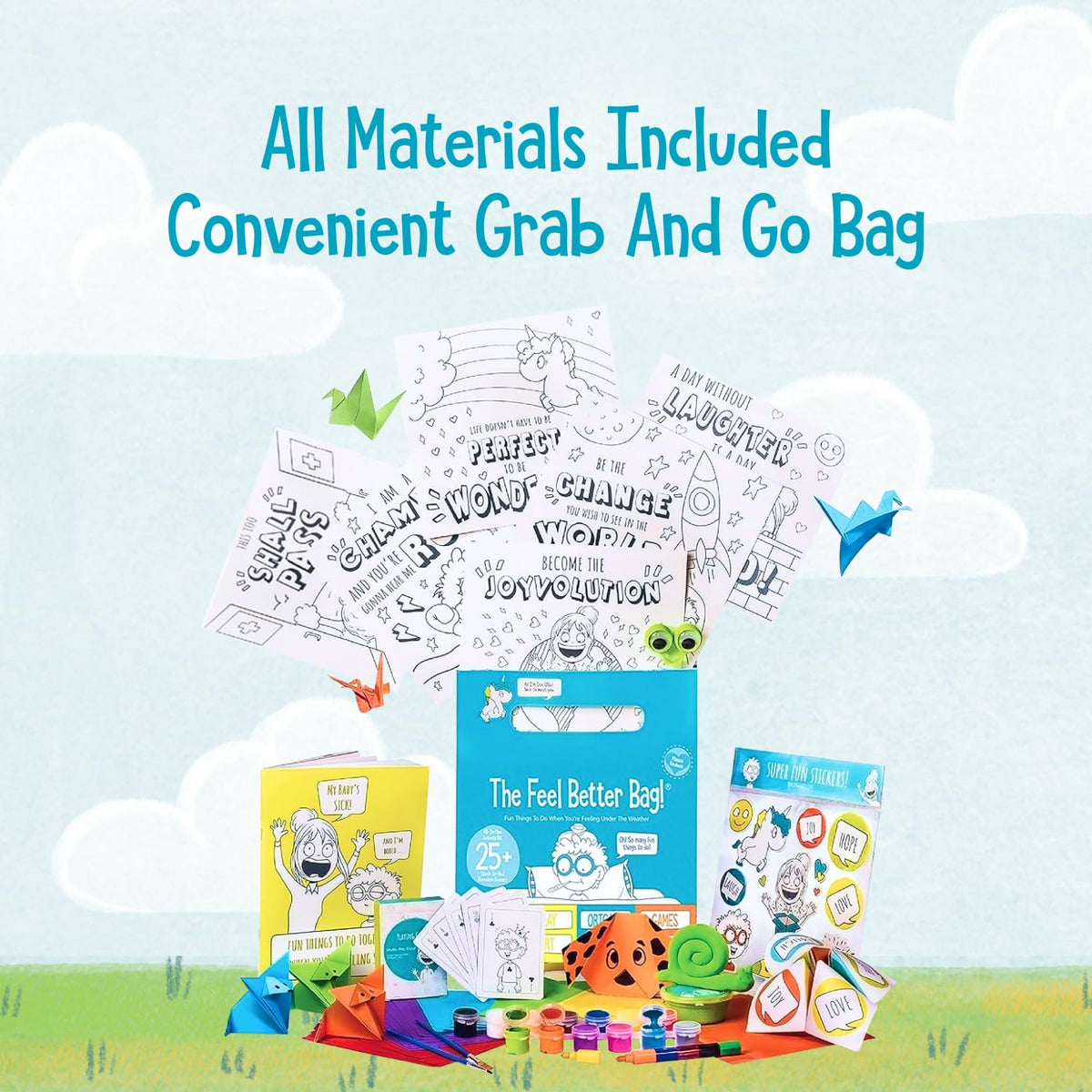 Open The Joy Feel Better Bag contents laid out for creative play and mood lift