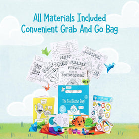 Open The Joy Feel Better Bag contents laid out for creative play and mood lift