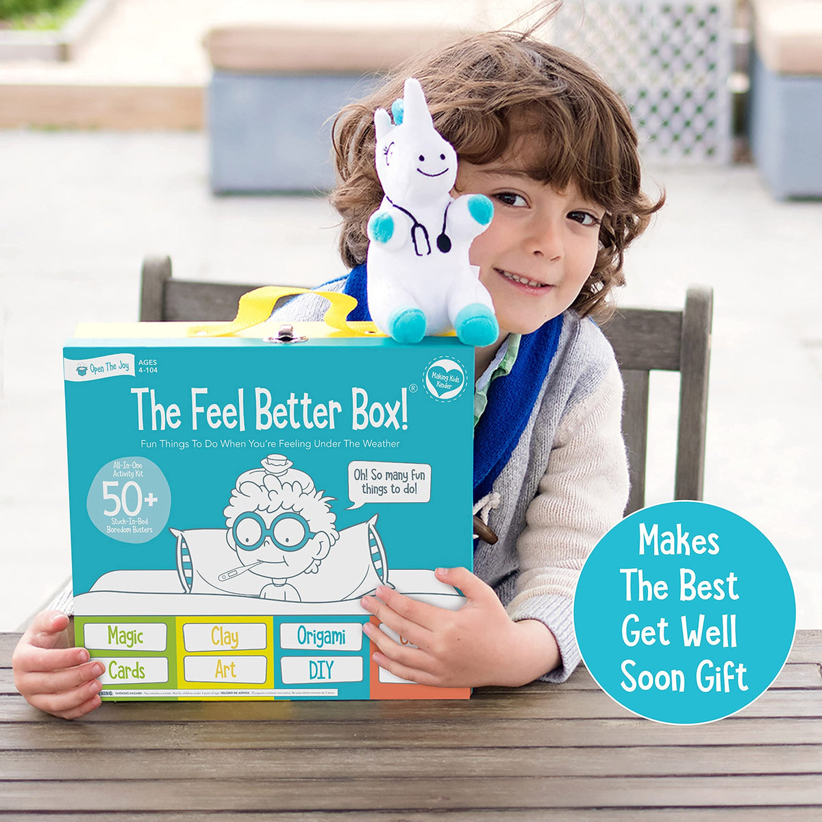 Soft plush toy included for comforting companionship in the Feel Better Box.