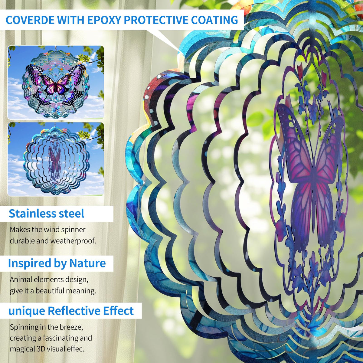 Opjoy stainless steel wind spinner with epoxy coating for weather-friendly décor.