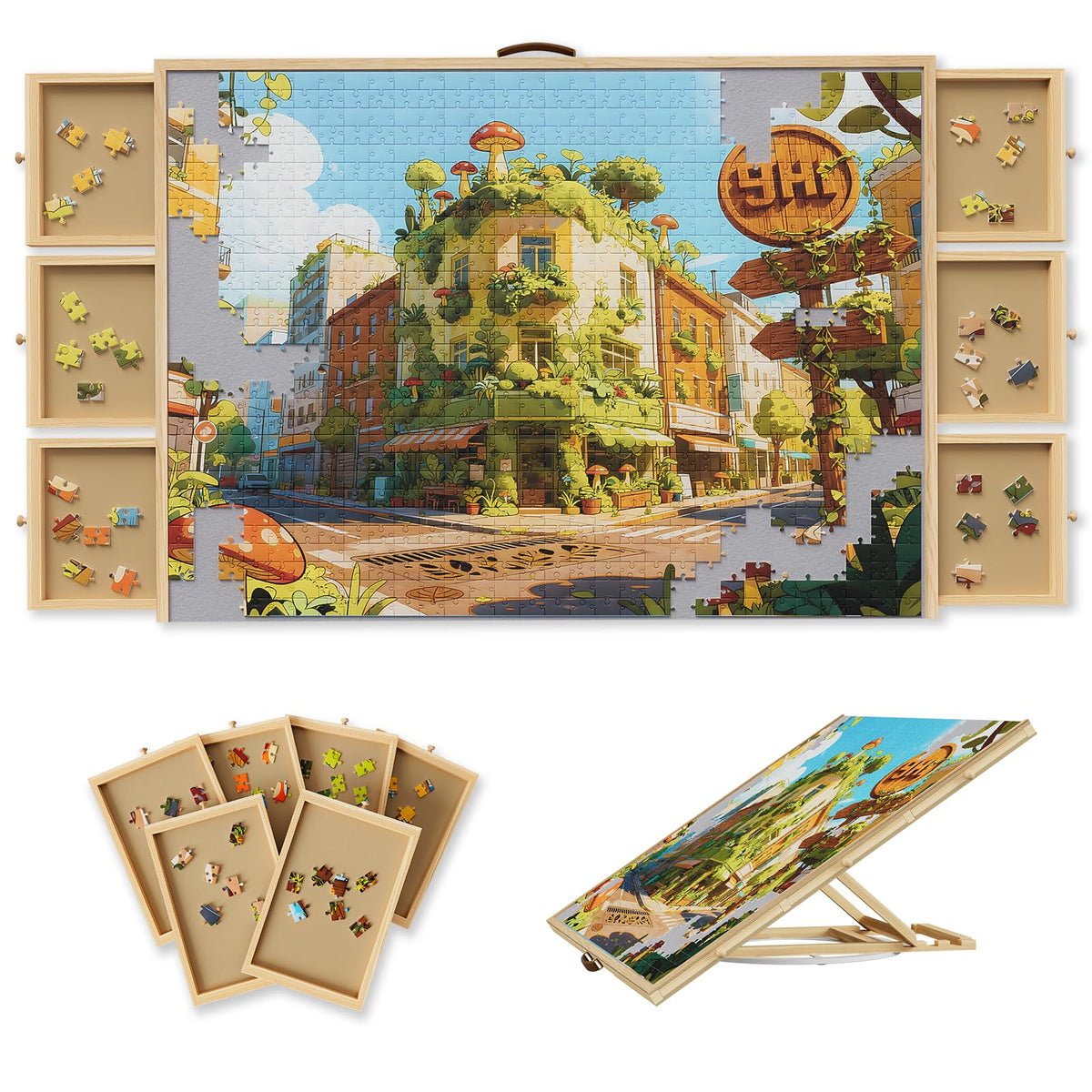 Opprut puzzle table angled view with poster holder promotes comfortable, adjustable puzzling sessions.