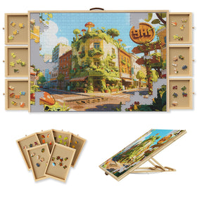 Opprut puzzle table angled view with poster holder promotes comfortable, adjustable puzzling sessions.