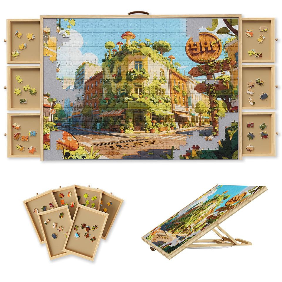 Opprut puzzle table angled view with poster holder promotes comfortable, adjustable puzzling sessions.