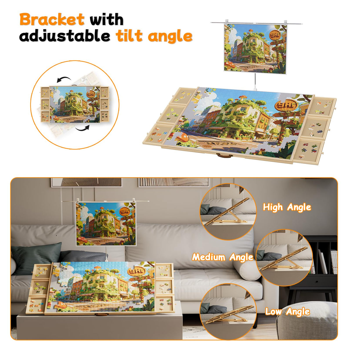 Opprut puzzle table leather handle for easy transport and storage.