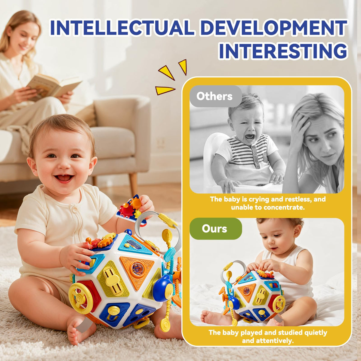 Oppvoci 22-in-1 Busy Board squeeze button fosters tactile interaction and focus