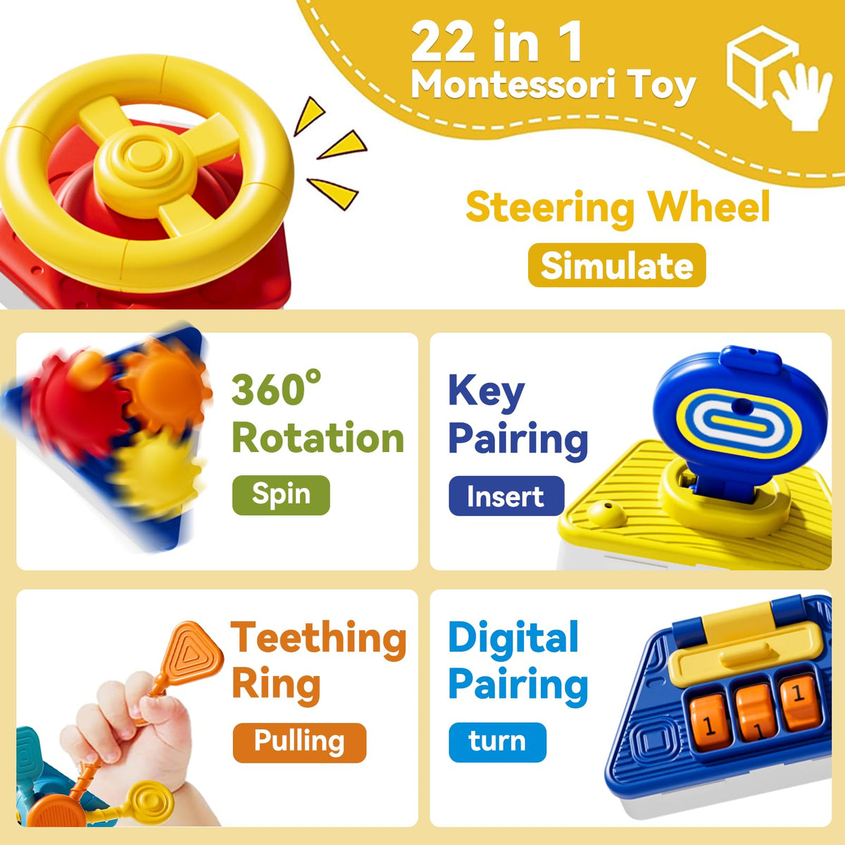 Oppvoci 22-in-1 Busy Board steering wheel supports grasping and cause-and-effect learning