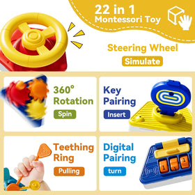 Oppvoci 22-in-1 Busy Board steering wheel supports grasping and cause-and-effect learning