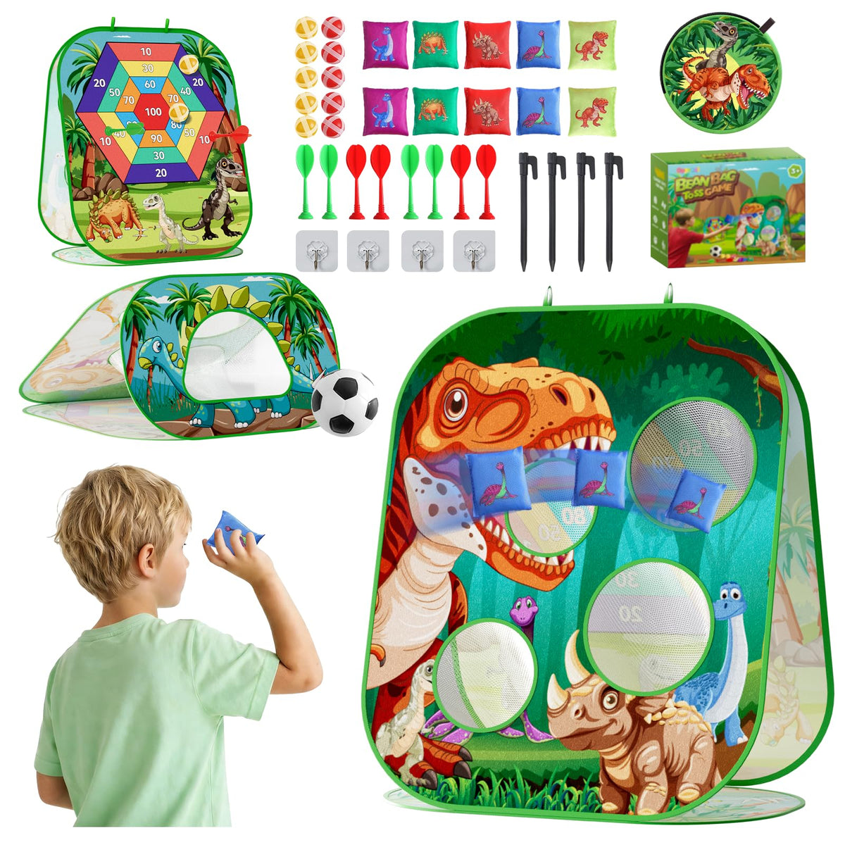 Oppvoci dinosaur-bean-bag-toss highlighting 4-in-1 play for active kids.