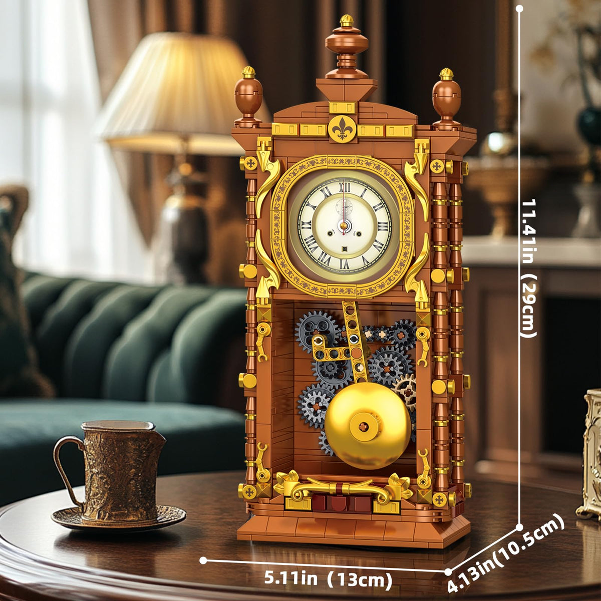 OQMI clock with vintage wood texture and gold accents for home styling