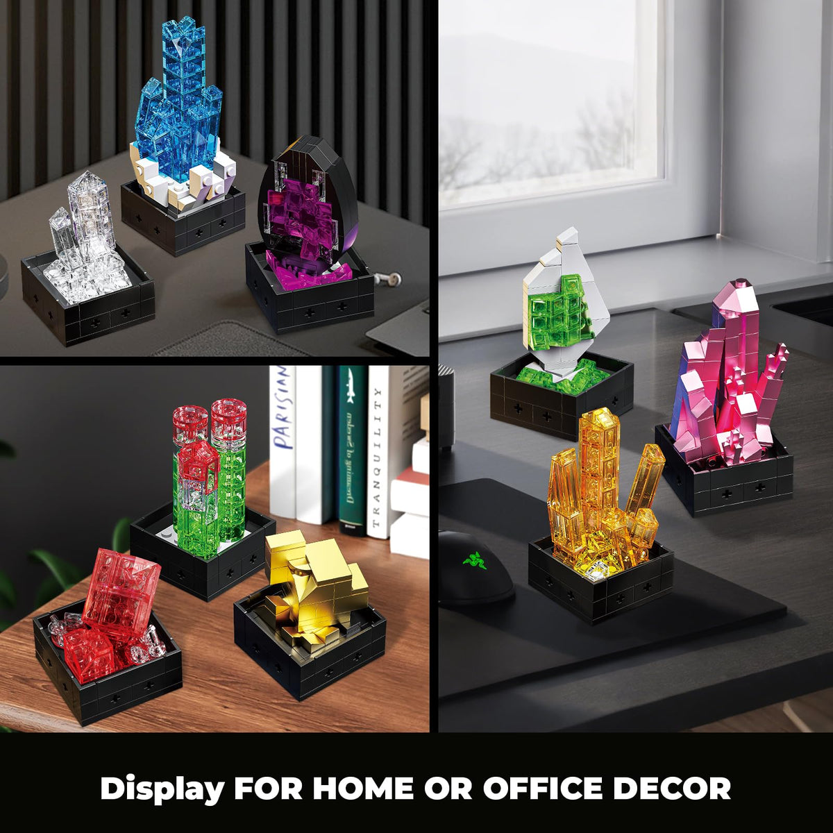 OQMI crystal brick details showcase transparent and metallic finishes for desks.
