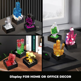 OQMI crystal brick details showcase transparent and metallic finishes for desks.