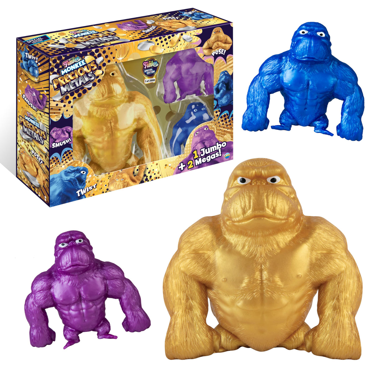 The Orb Factory Funkee Monkee Jumbo Golden Monkee in a stress-relief pose