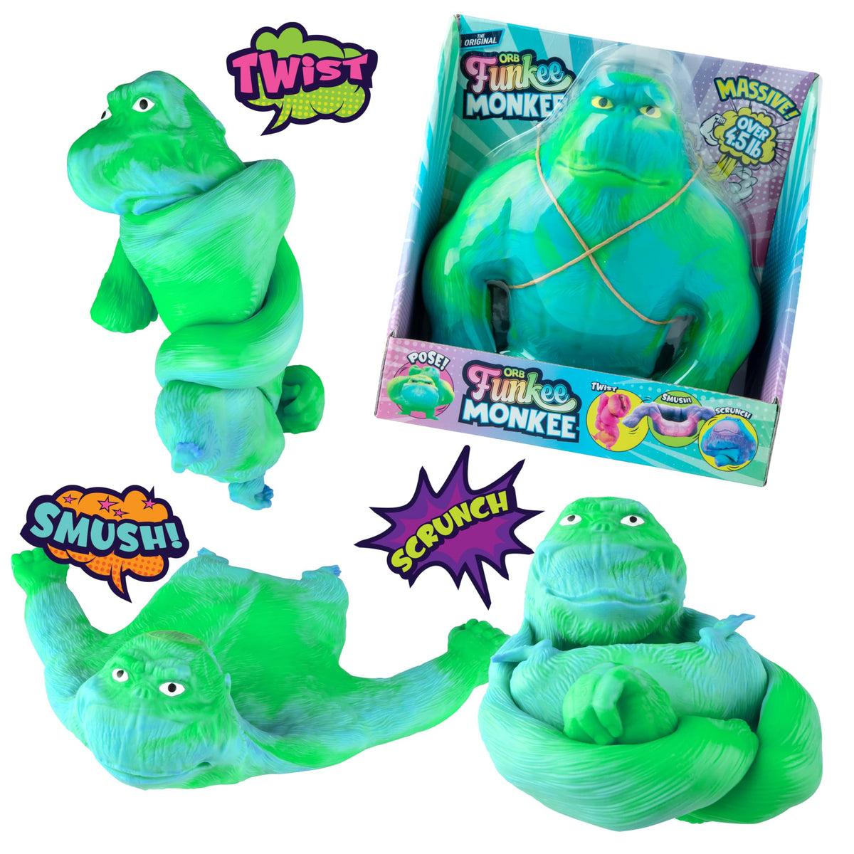 Orb Factory Funkee Monkee Jumbo in green-blue skin shows durable, poseable fun.