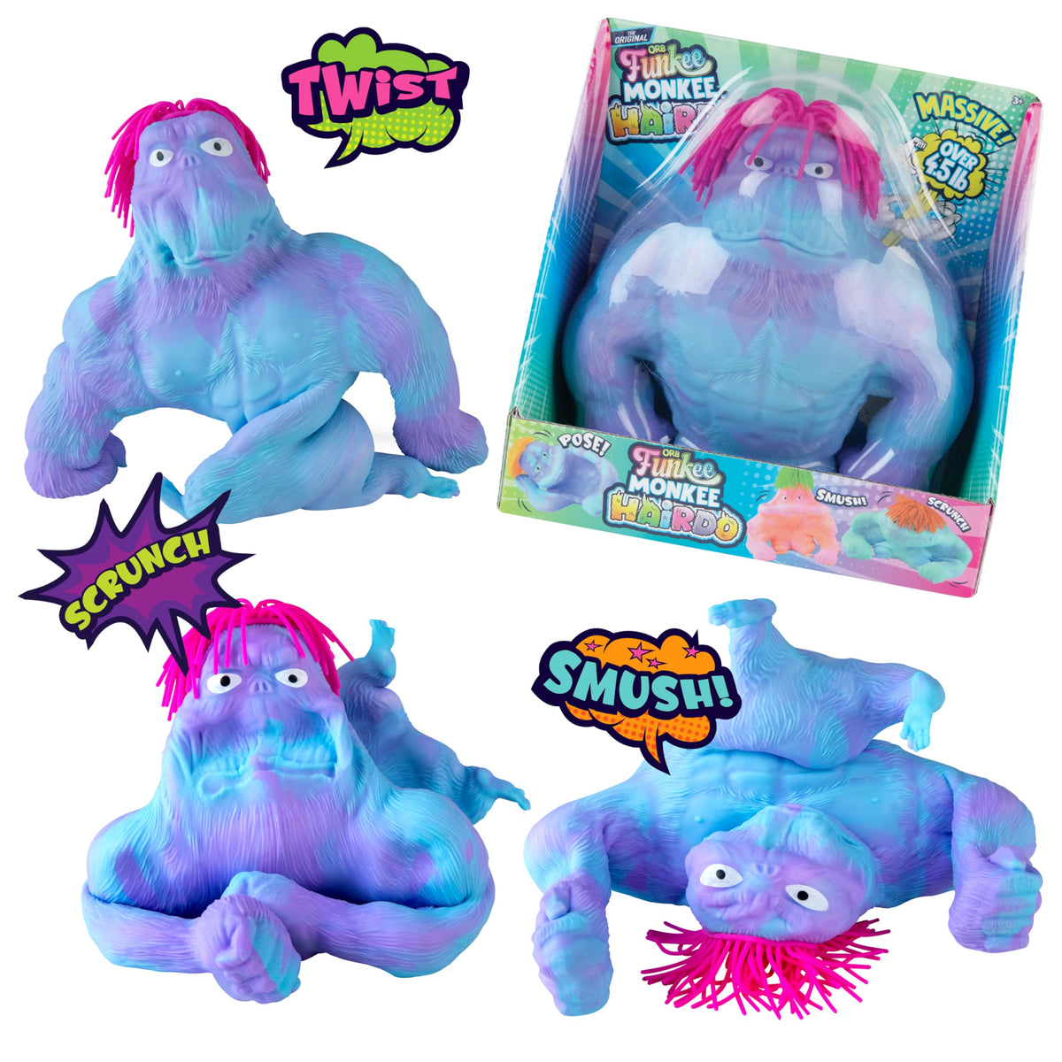 The Orb Factory ORB Original Jumbo Hairdo Funkee Monkee with blue-purple skin and pink hair, great for fidgeting.