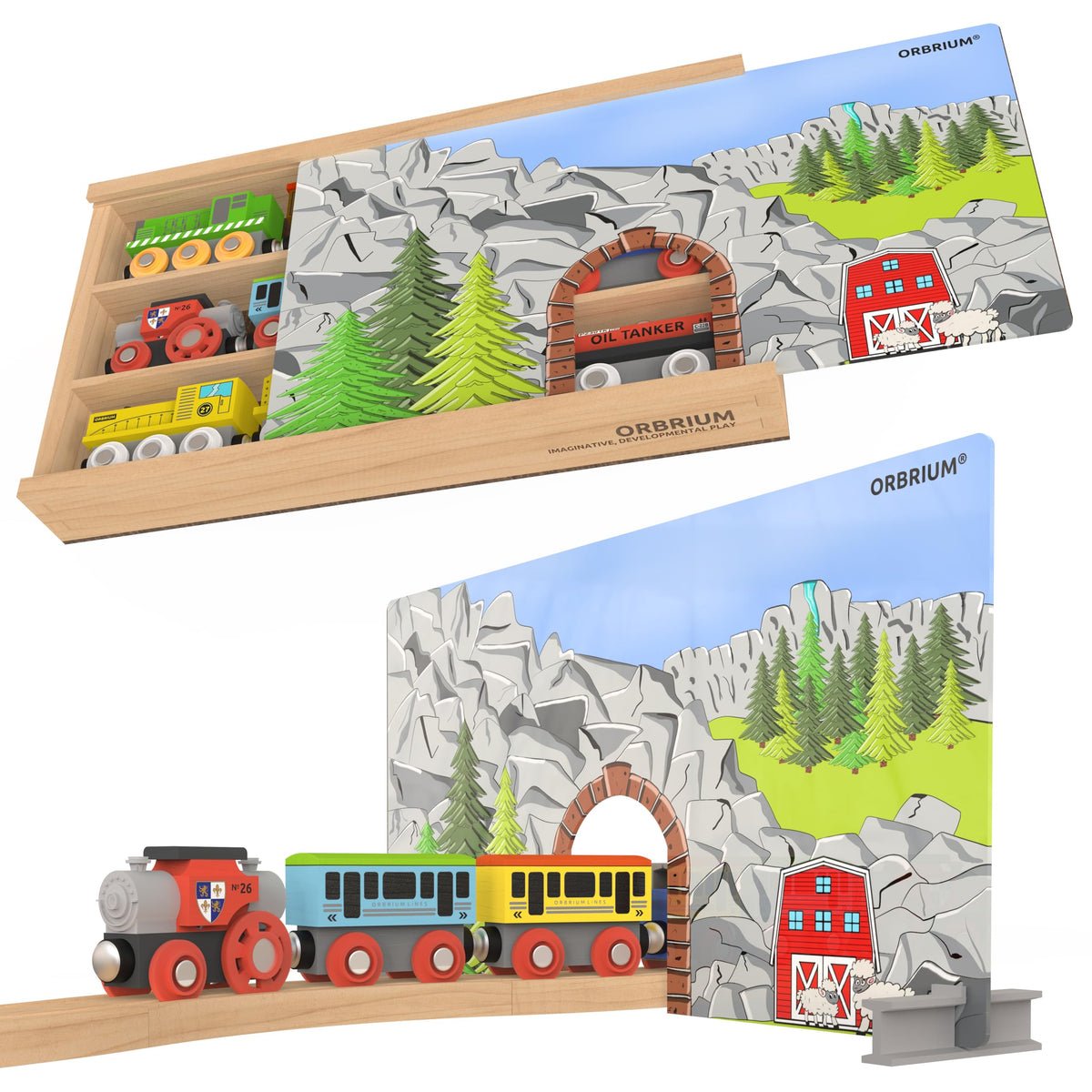 Orbrium box cover tunnel creates a scenic tunnel on the track.