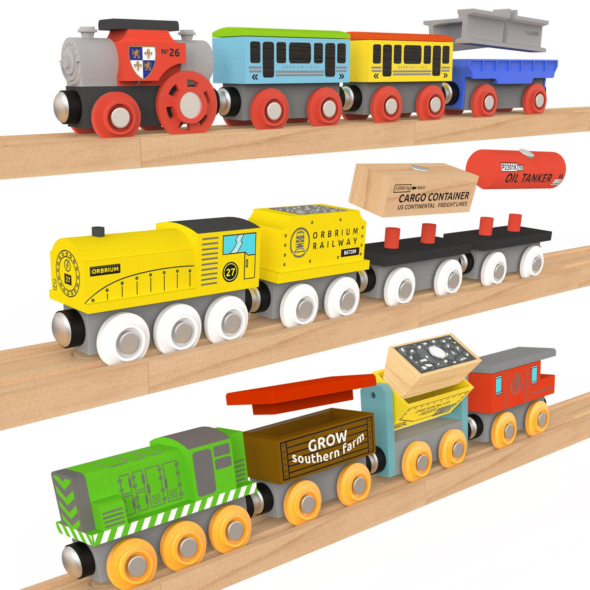 Orbrium magnetic train cars with storage box promote neat organization during play.
